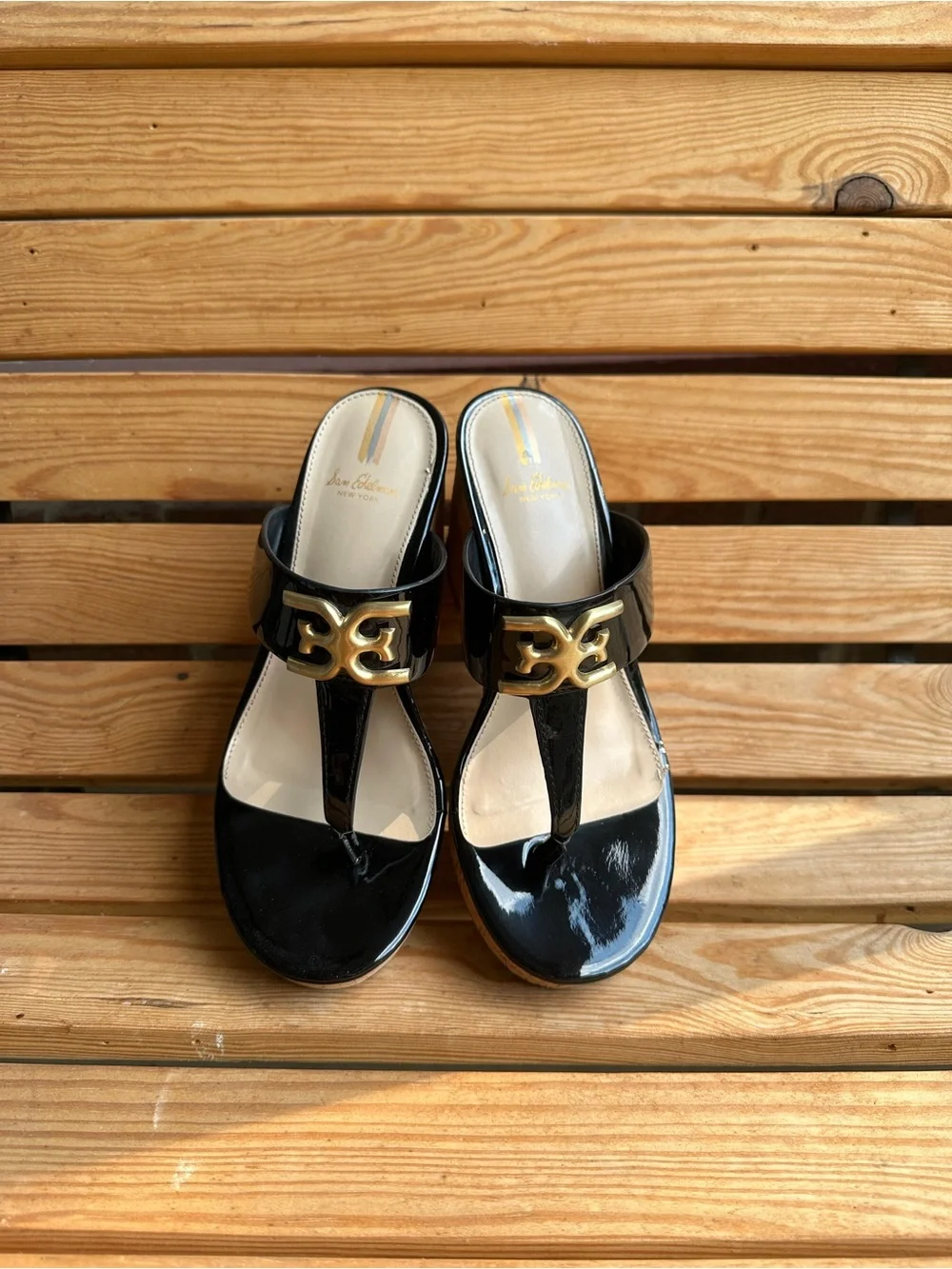 Sam Edelman Black Patent Cork Wedge Sandals with Gold Logo